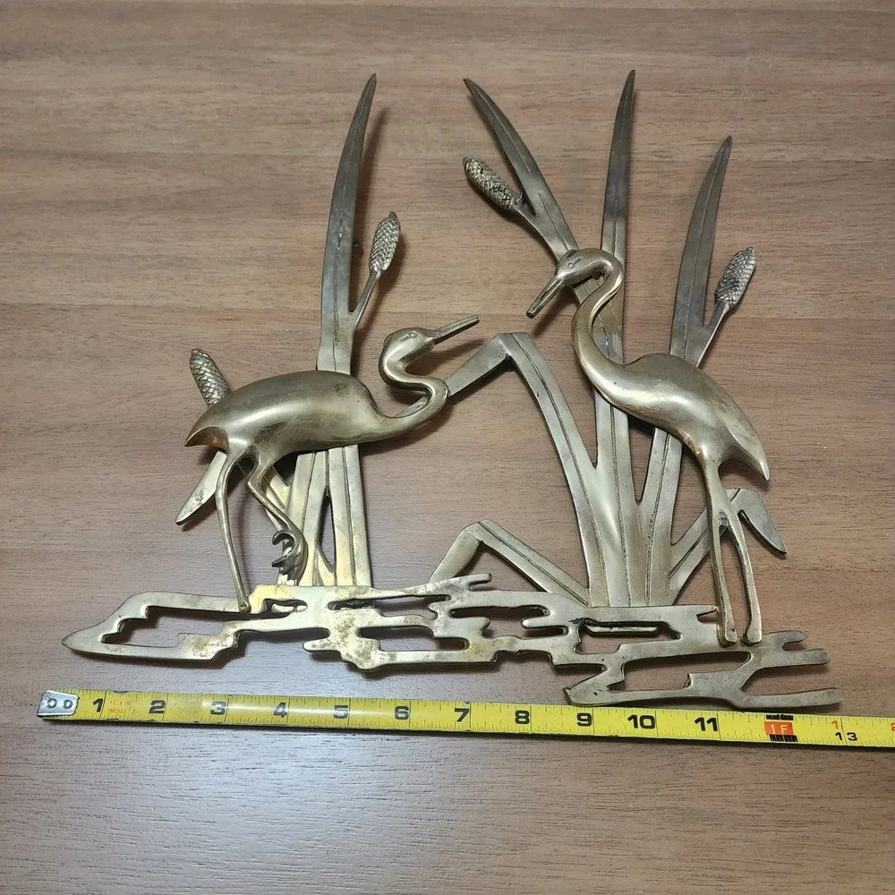 Brass MCM Crane Egret Heron In‎ Reeds Wall Hanging Decor Vintage Trending